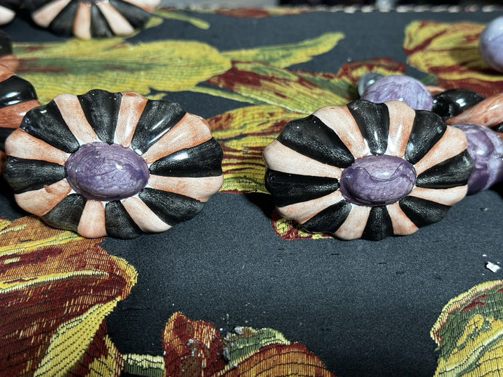 MacKenzie Childs  Ribbed Majolica Cabinet Pulls 2-Knob- Orange, Black And Purple