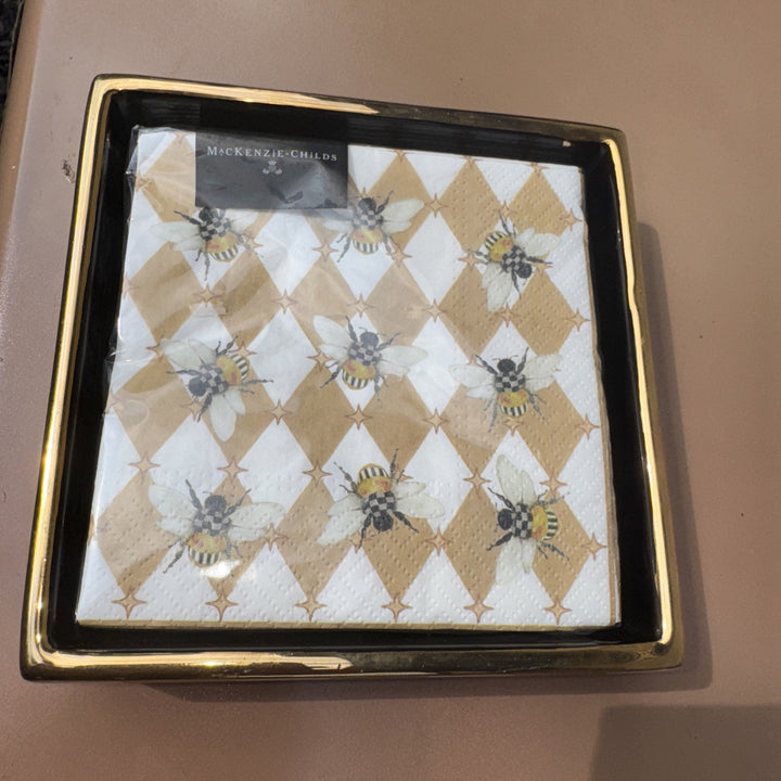 Mackenzie Childs Mocha Bee Harlequin Paper Cocktail Napkins 20 pack, NEW Retired