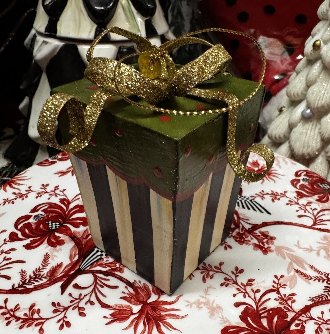 MacKenzie Childs Metal Present Ornament -4”x4” Courtly Stripe With Green Top