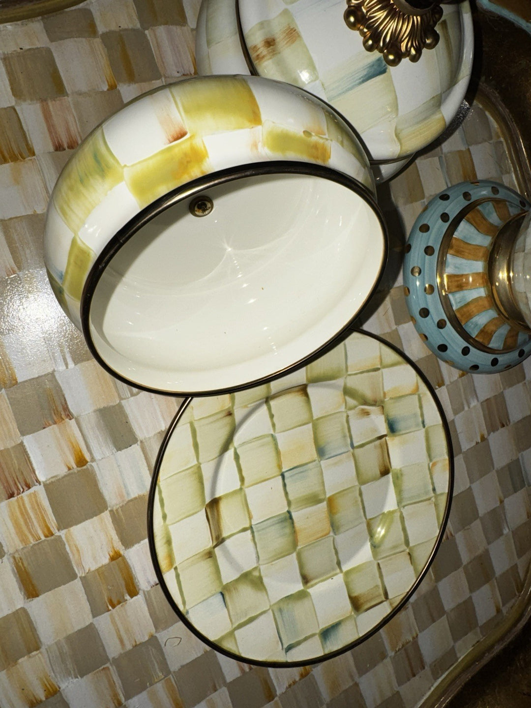 Mackenzie Child ParchmentCheck Domed Covered Butter Round   Enamel Retired