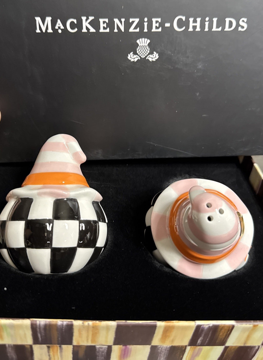 Mackenzie Childs Trick Or Treat Happy Jack Rosy Salt and Pepper Set  New In Box