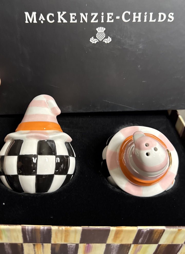 Mackenzie Childs Trick Or Treat Happy Jack Rosy Salt and Pepper Set  New In Box