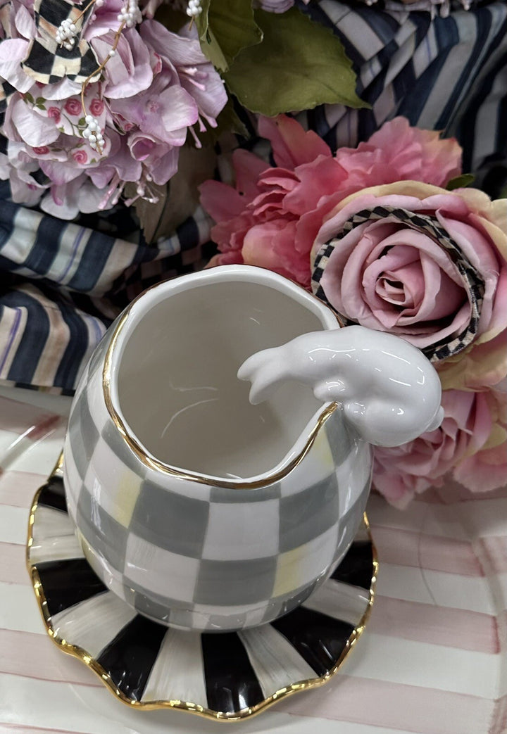 Mackenzie Childs Sterling CHECK Rabbit Looking Into Egg 9” Tall