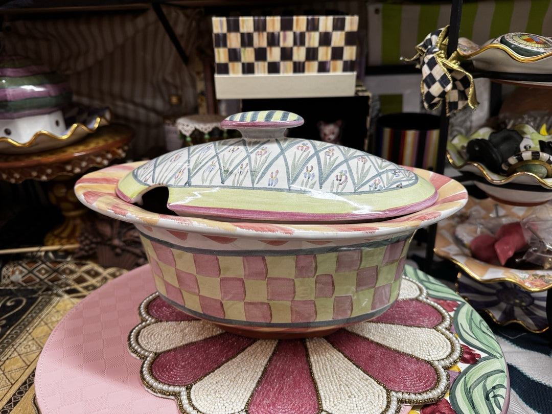 MacKenzie Childs Taylor Bearded Iris  Oval Serving Bowl with Lid 13.5”x 9.5”