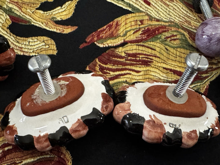 MacKenzie Childs  Ribbed Majolica Cabinet Pulls 2-Knob- Orange, Black And Purple