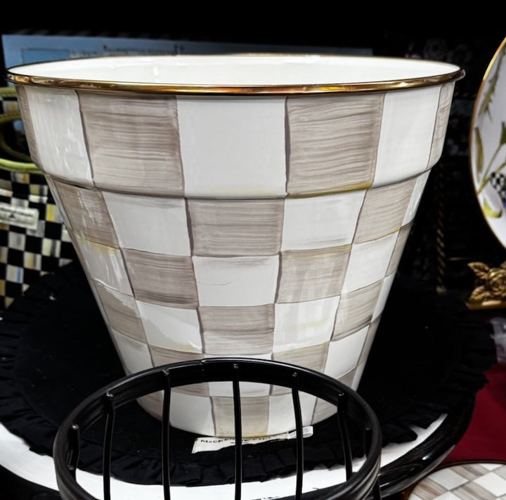 MacKenzie Childs Mocha Check Extra Large Enamel Pot Planter 12” W And 9.5” Tall