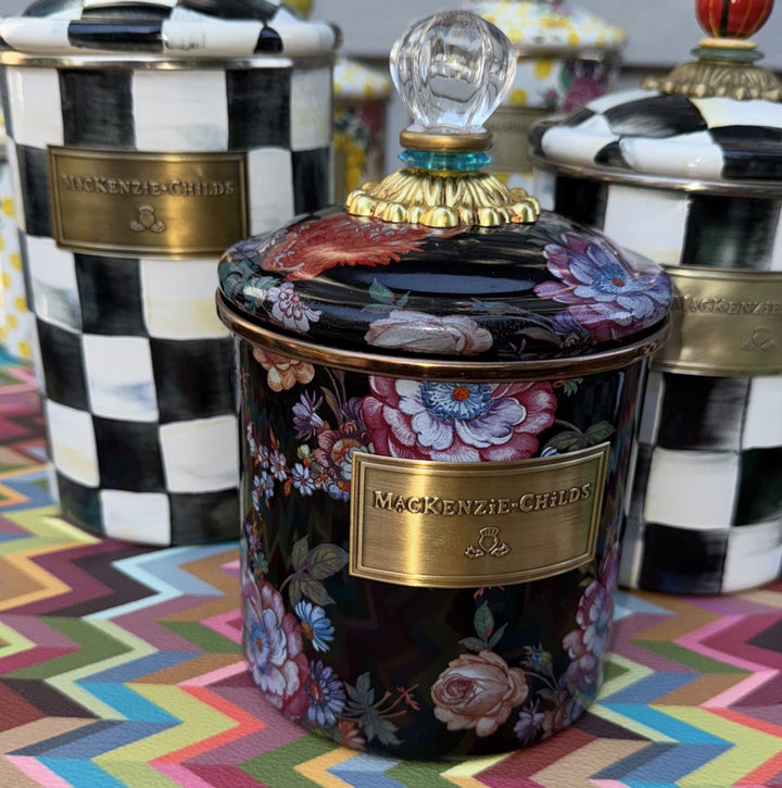 Flower Market Black by MacKenzie-Childs Small  Canister 7.5" x 4.75" Blue Ring