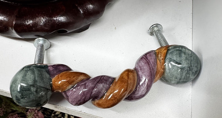 Mackenzie Childs  4” Twist Ceramic Handle Pull Knob Purple Orange Turquoise