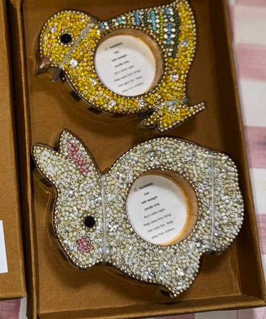 Mackenzie Childs Tea light Candle Holders Set Of 2 NIB  Bunny And Chick  Beaded