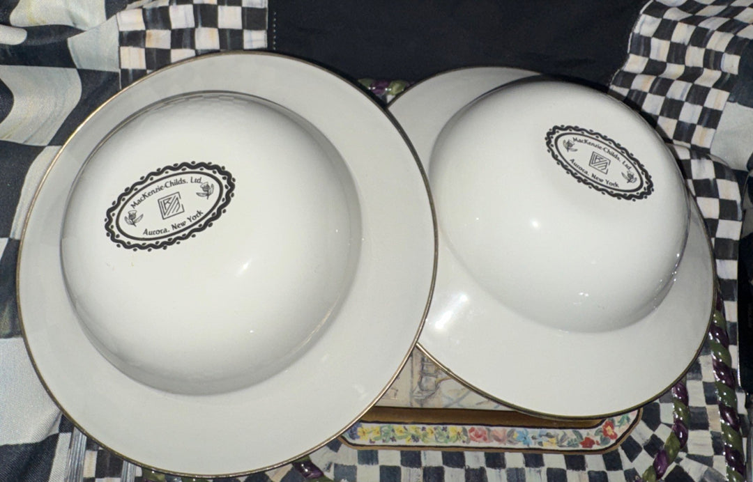 (2) Camp Mackenzie Childs 8” Breakfast  Bowls, Courtly Check Enamel