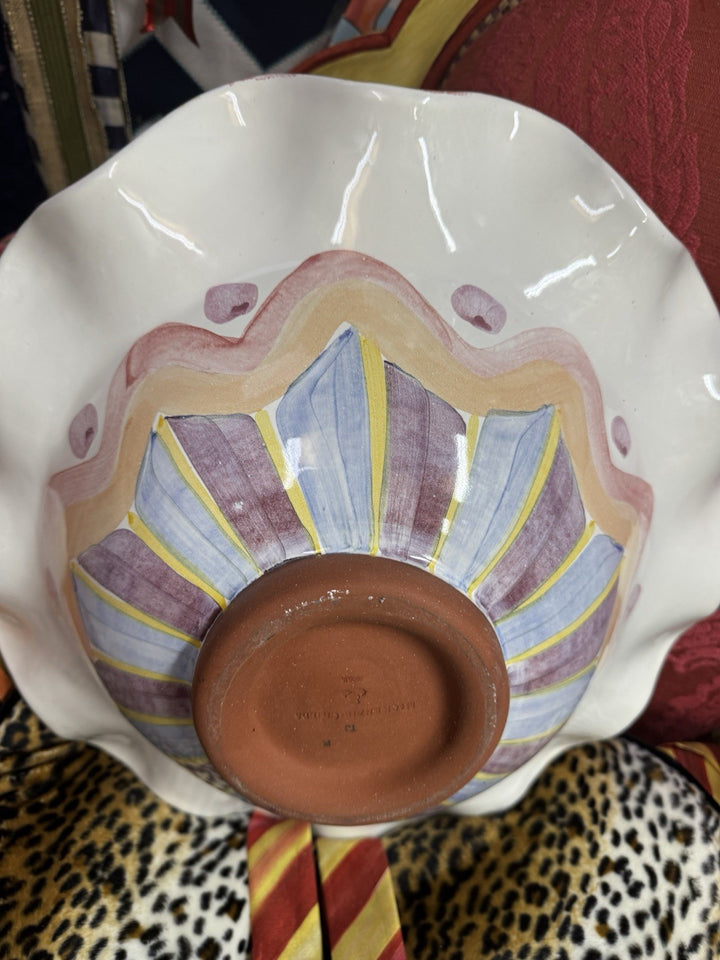 Mackenzie Childs Bearded Iris 18” Wide Bowl Round Fluted Serving Ceramic
