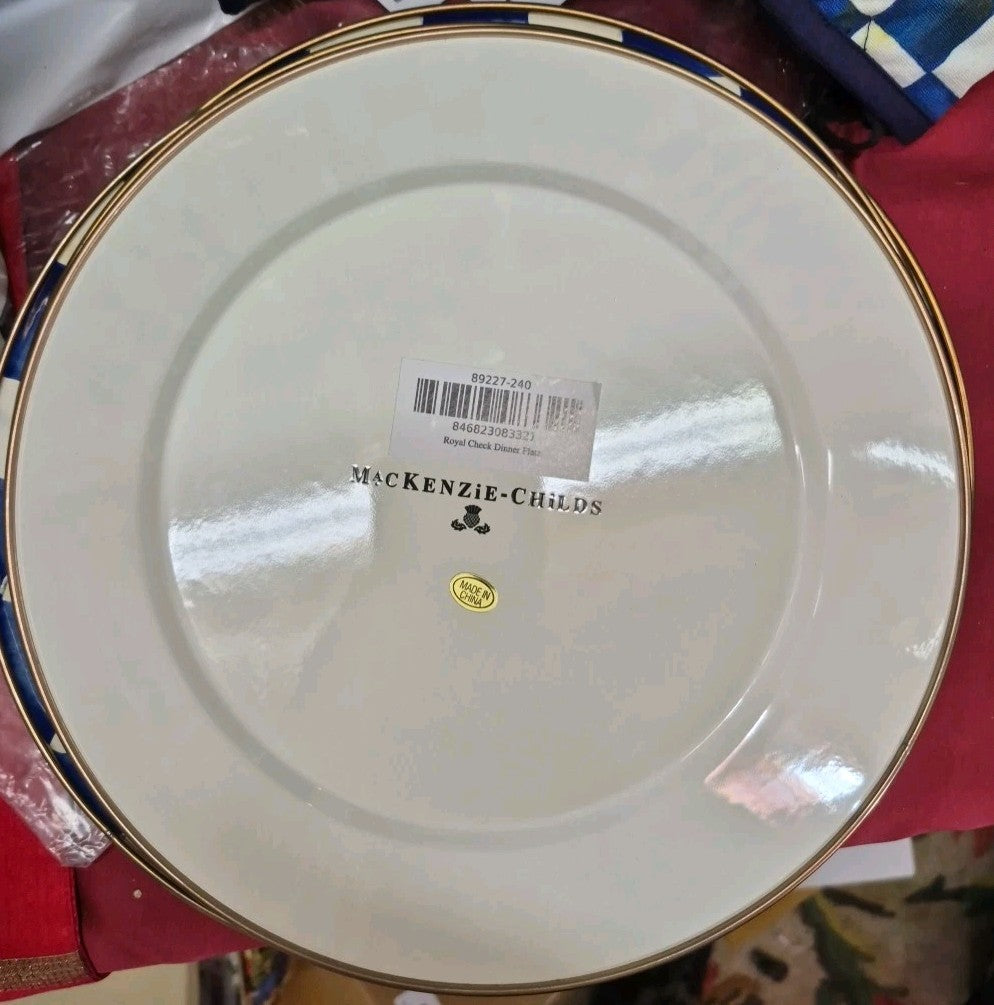 Mackenzie Childs Set Of 2 -10" Royal  Check Blue Enamel Dinner Plate-new