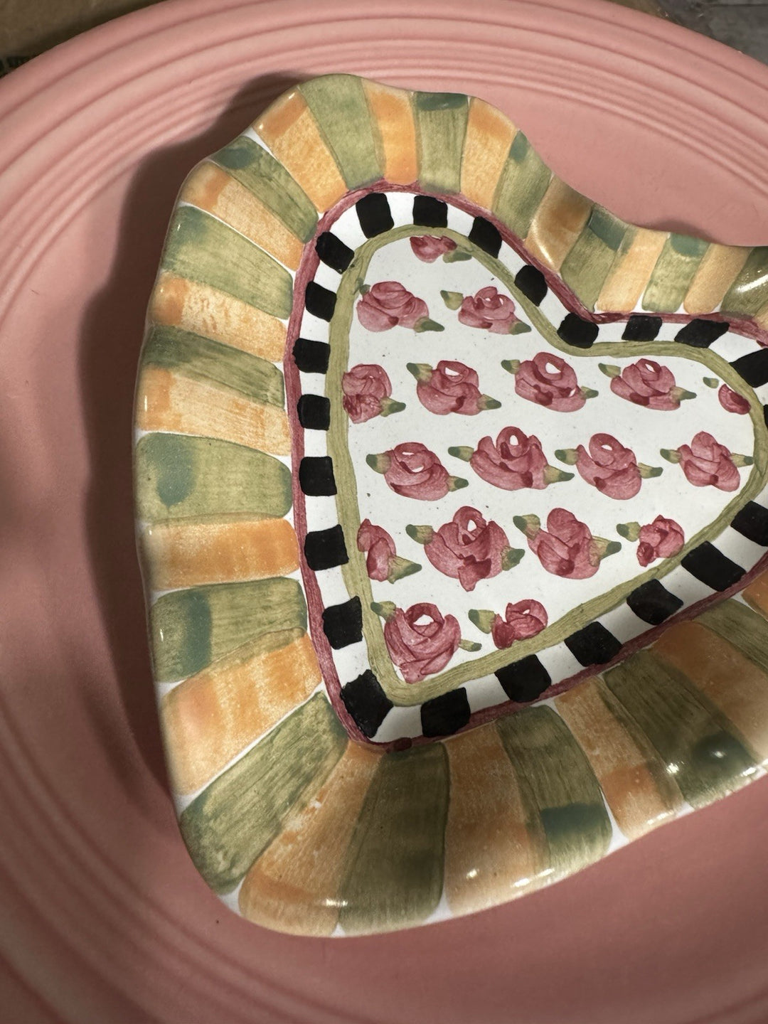 Mackenzie Childs Limited 2010 Truly MC  Fluted Heart Trinket Tray Pink Roses