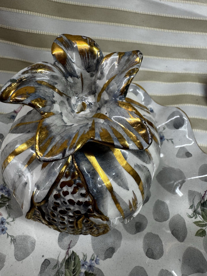 Italian Ceramic Silver painted pomegranate Life Sized- Goes With Mackenzie Child