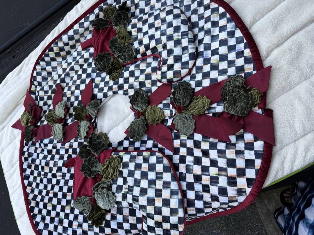 MacKENZIE CHILDS HOLIDAY   VELVET Holly And Beaded Courtly Check TREE SKIRT 46”