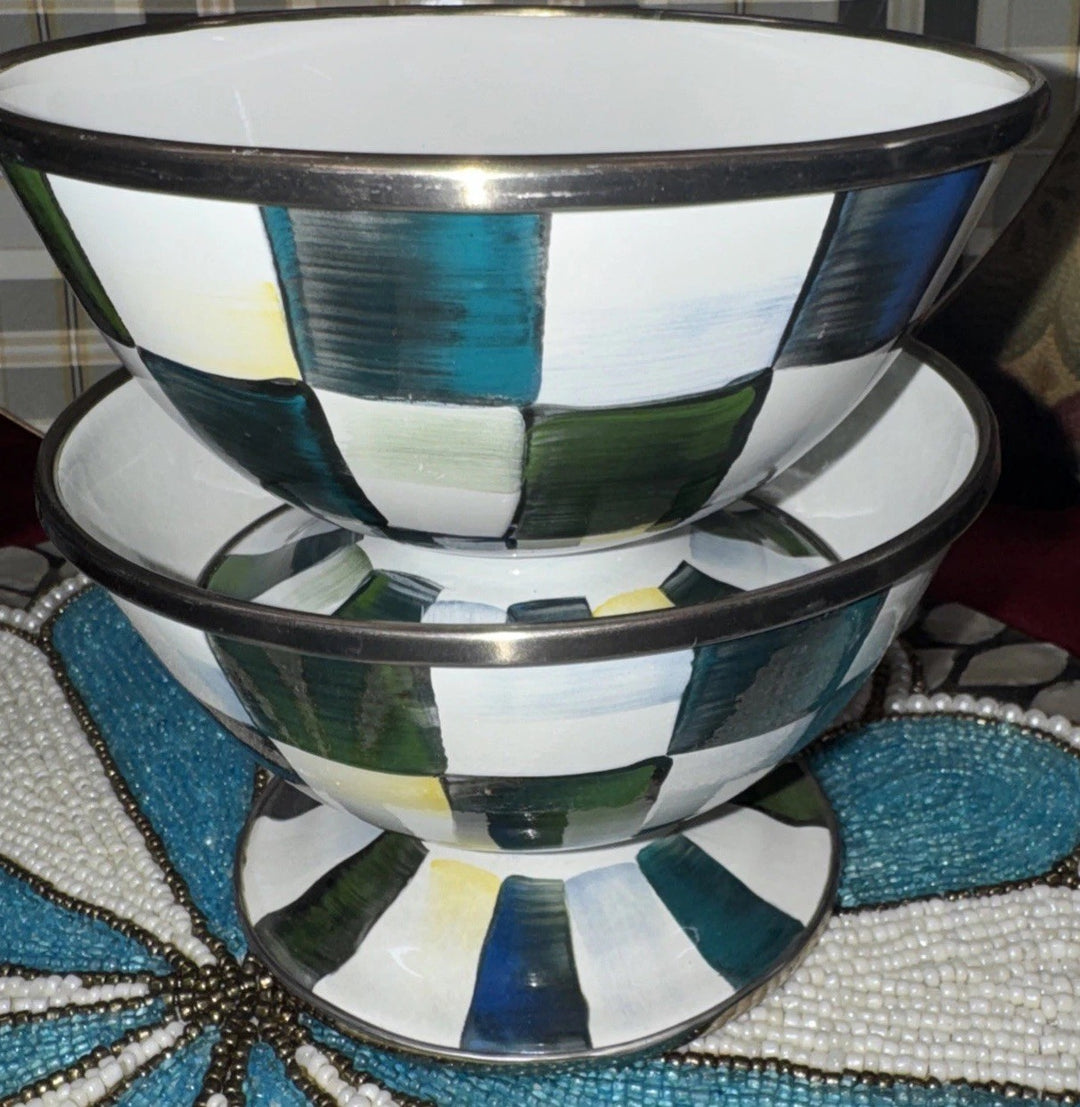 MacKenzie Childs Courtly  Check Enamel Ice Cream Dish New Set Of 2