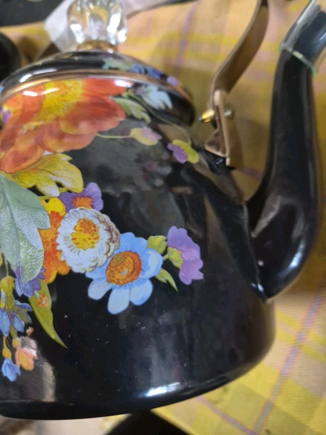 Mackenzie Childs Black Flower Market Enamel Tea Pot Kettle NEW Retired 2 Qt