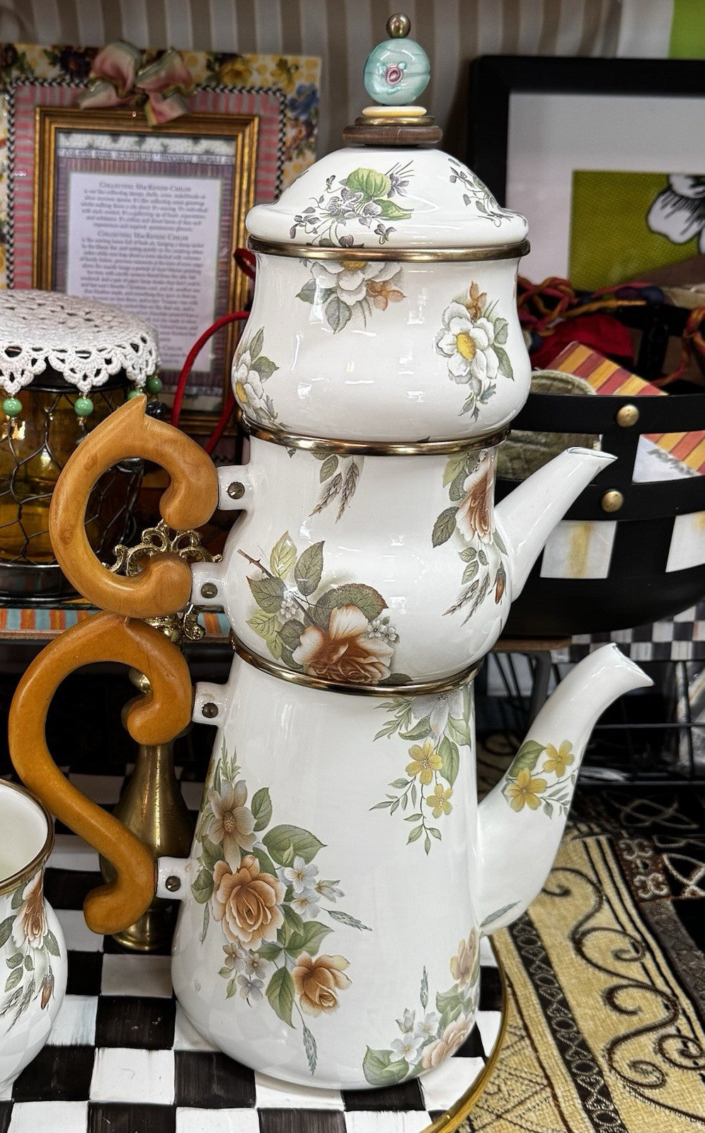 MacKenzie Childs Stacked Camp White Flower Enamel Tea Cream & Sugar High tea Set