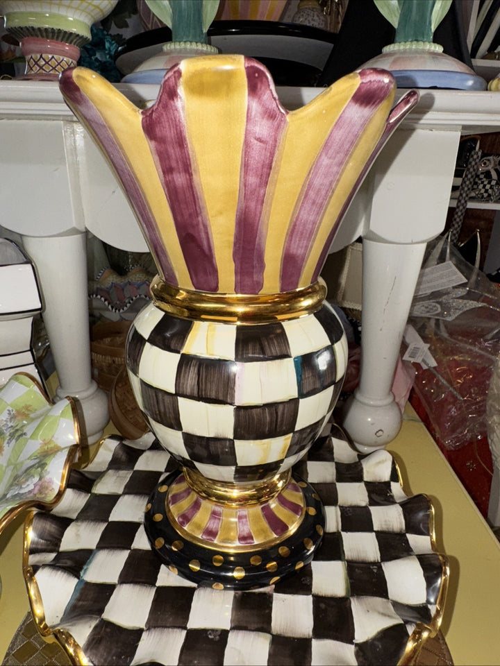 Mackenzie Childs Ceramic Courtly  Check Great Vase- New- Made In Aurora 2006