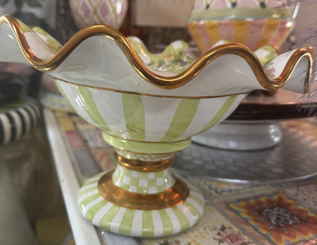 Mackenzie Childs Green Sweet Pea Honeymoon Ceramic Compote Retired 2003