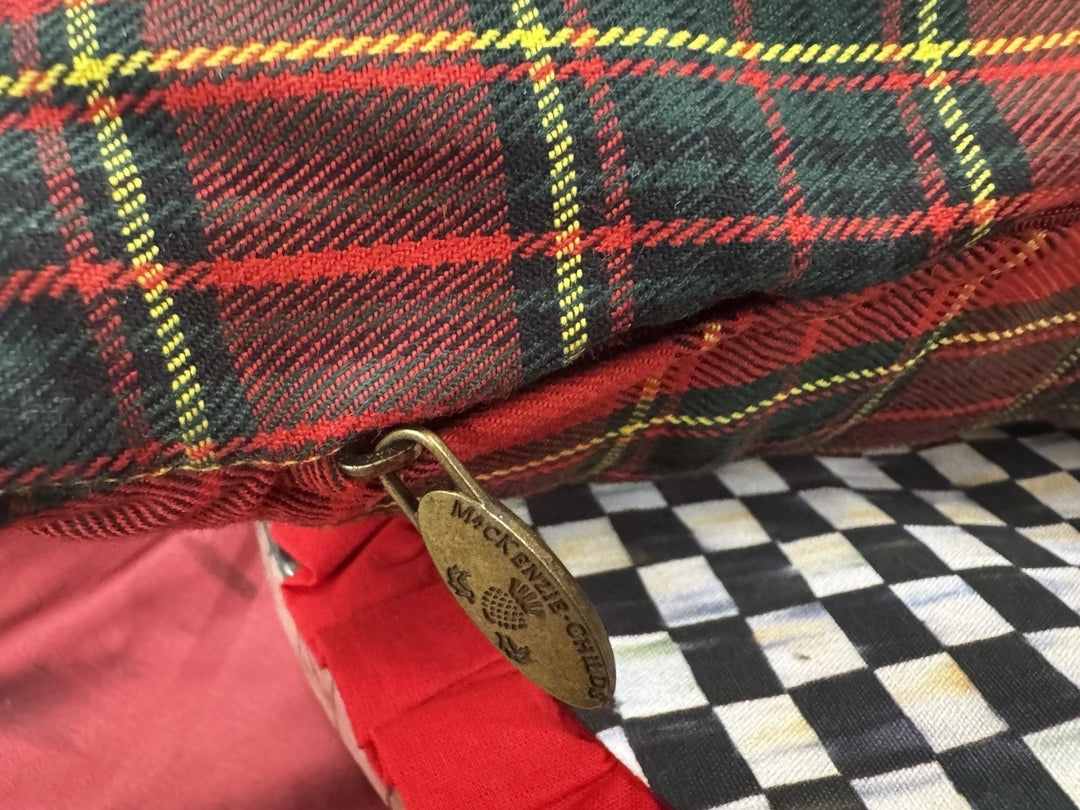 New Mackenzie Childs Red Tartan Retired Bow Pillow Beaded 20” Long
