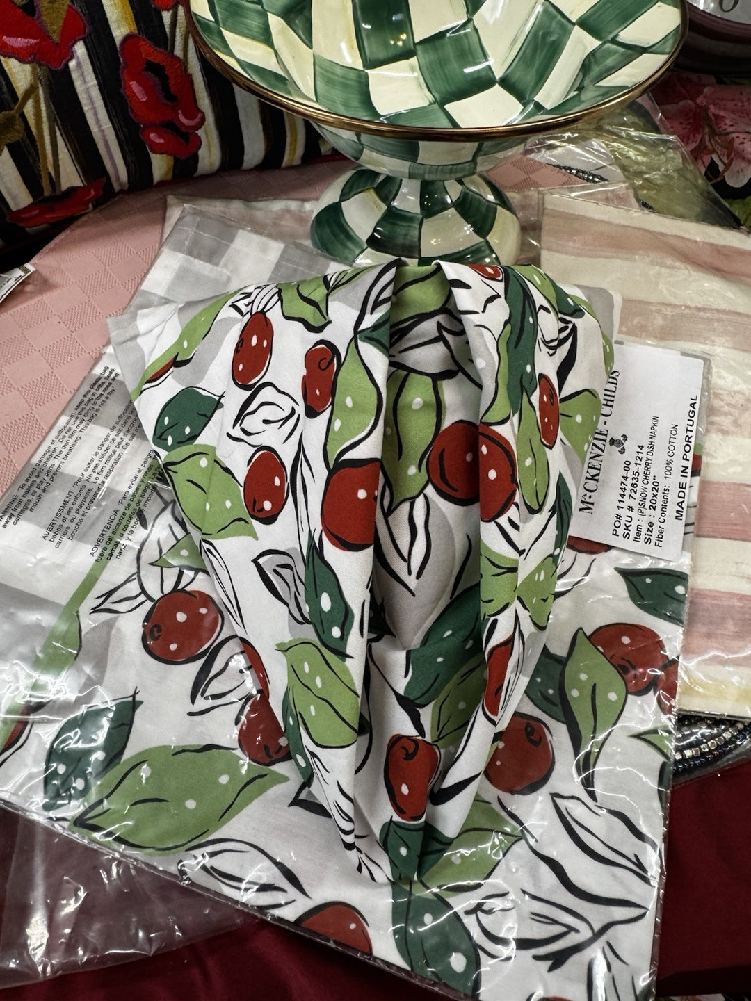 Mackenzie Childs Snow Cherry 100% Cotton Napkin NIP Set Of 2