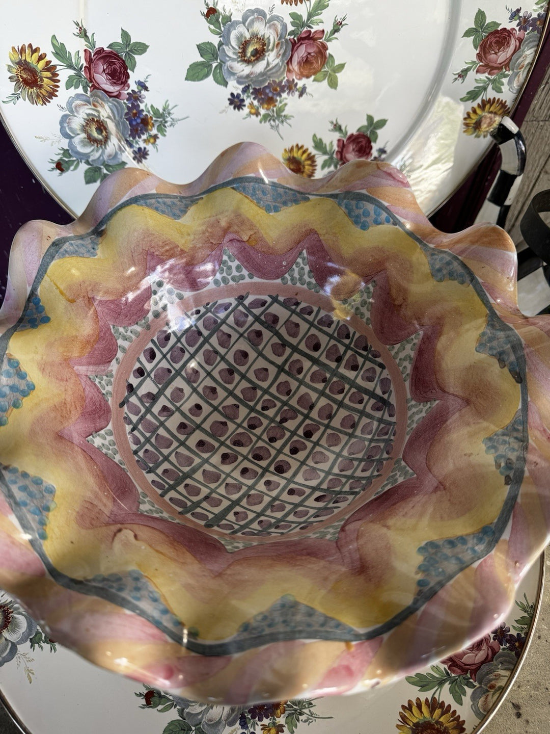 Vintage Mackenzie Childs Kukenhoff Compote Fruit Bowl Pedestal 12"- 2001