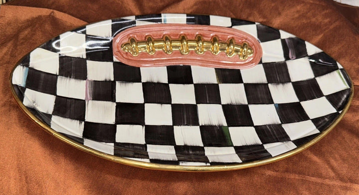 MacKenzie Childs Retired Courtly  Check Football 14”  Platter  Gold Trim NEW