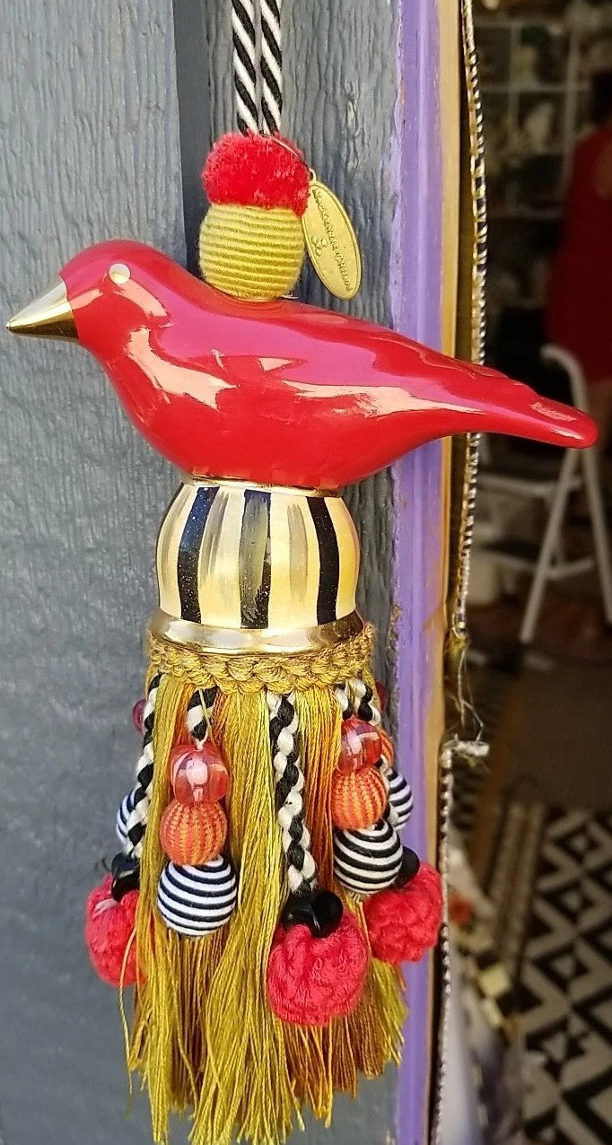 Brand New Mackenzie Childs Ceramic Bird Tassel — Red & Gold