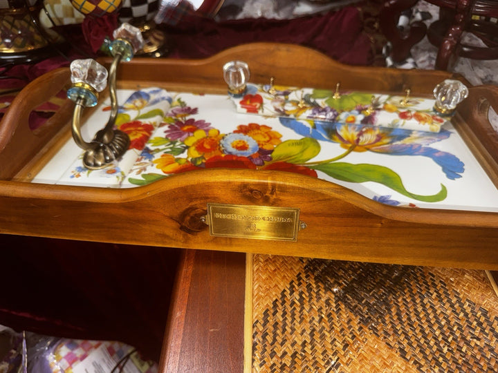 Mackenzie Childs White Flower Market Enamel Acacia Wood Large Serving Tray