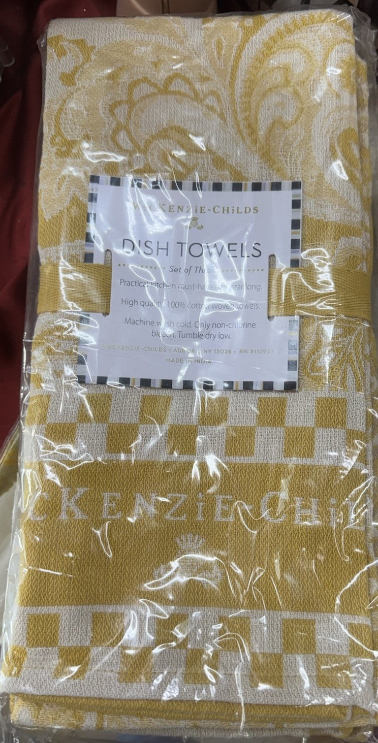 MacKenzie Childs Paisley & checks yellow set of 3 cotton dish towels NEW w/tags!
