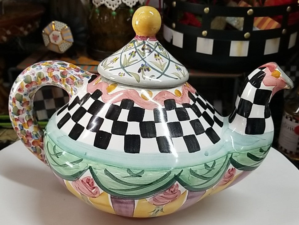 MacKenzie Childs Taylor Odd Fellows Ceramic Tea Pot Kettle 2 qt Retired w/ Lid