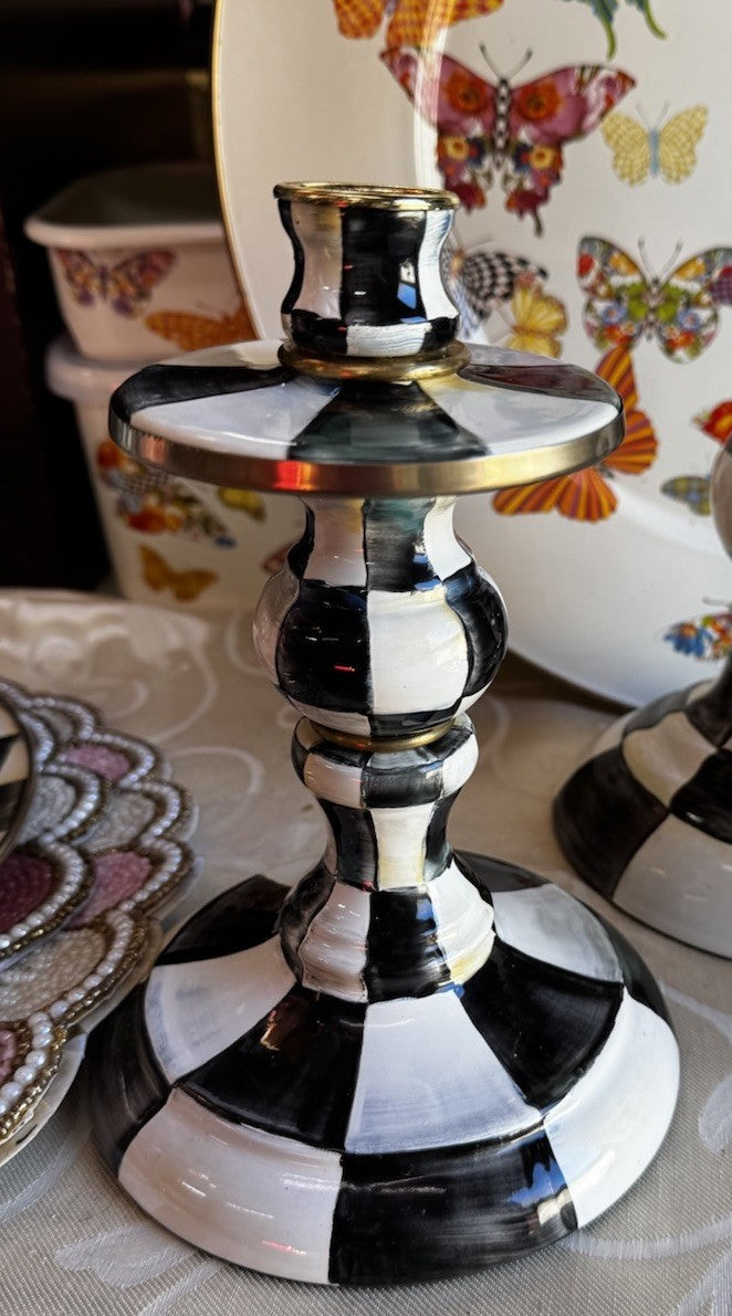 Mackenzie Childs Courtly Check Enamel Candlestick 8" Tall - Black And White