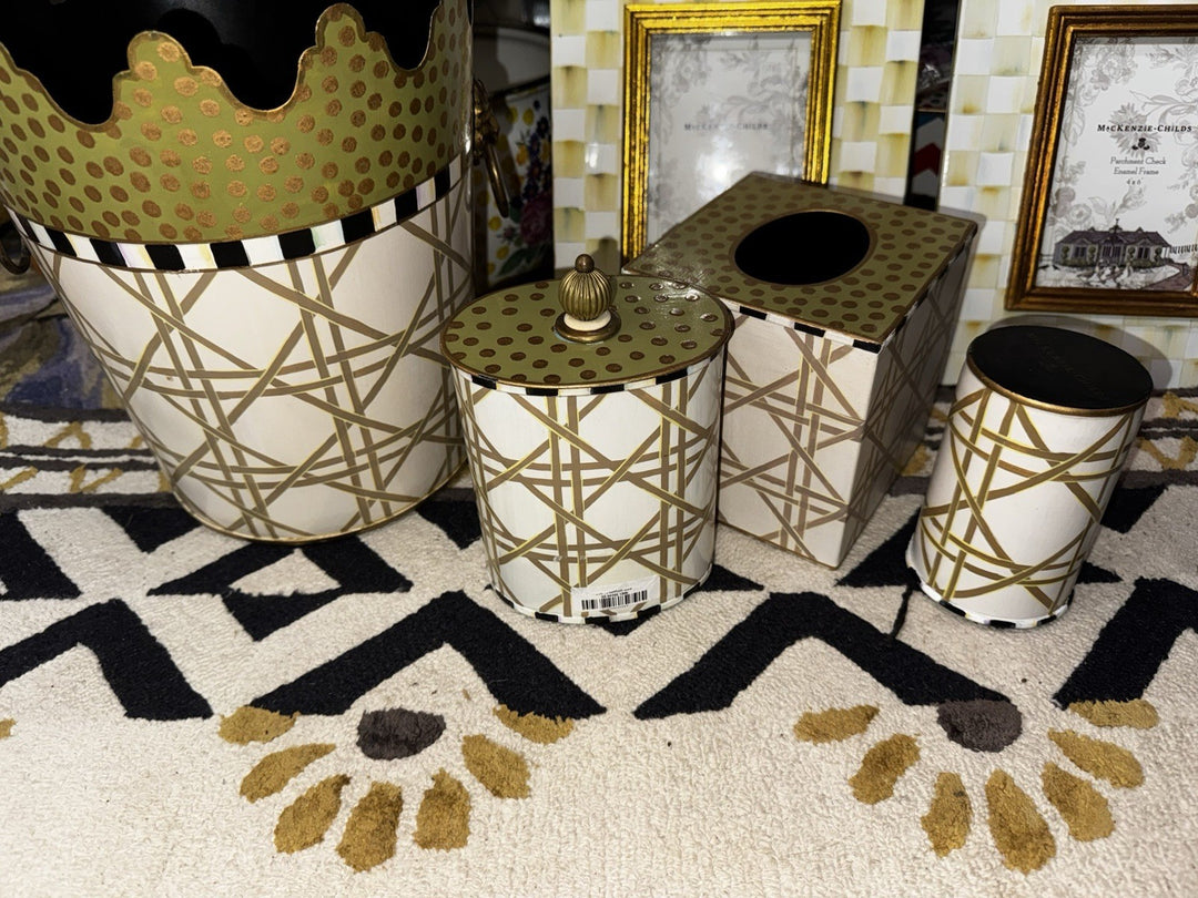 Mackenzie Childs Waste Basket - Tissue Cover Metal Retired Lattice Pattern