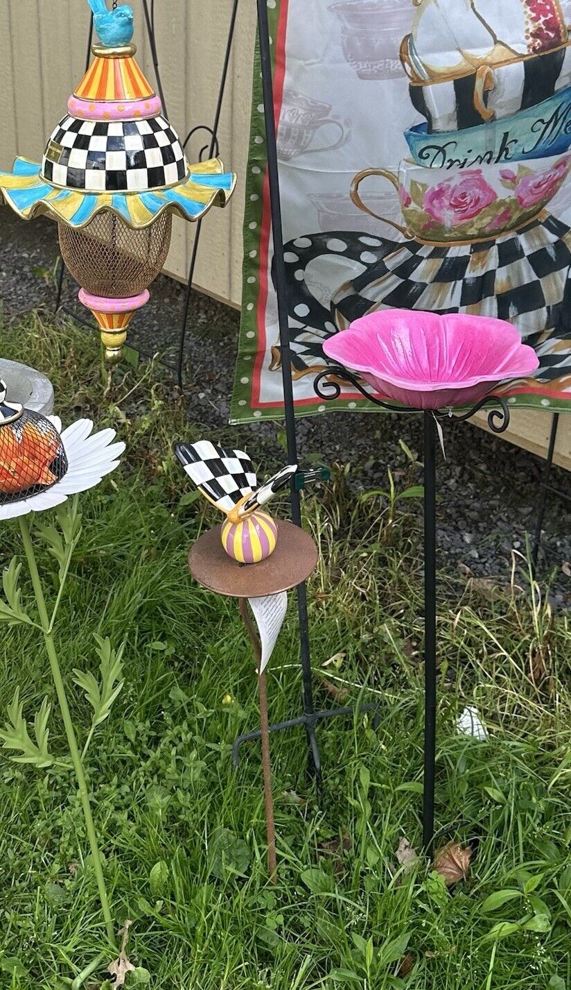 MACKENZIE CHILDs Avant Garden PINK Bird Bath Stake Chic Garden Decor New