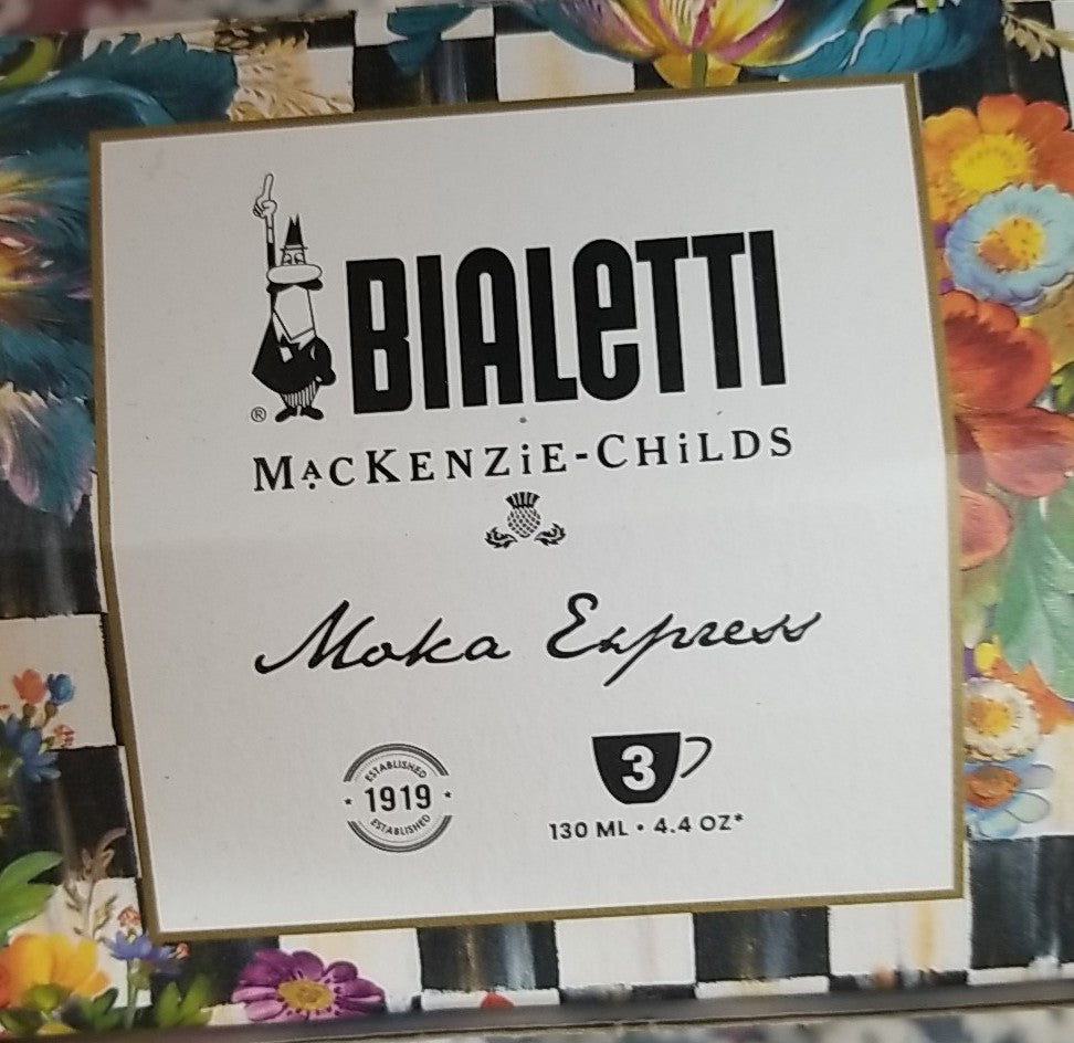 MacKenzie Childs BIALETTI MOKA POT 3 CUP COFFEE FLOWER HAND PAINTED BRAND NEW