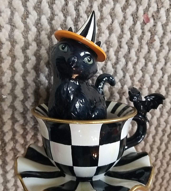 MacKenzie Childs Halloween Cat Teacup Figurine