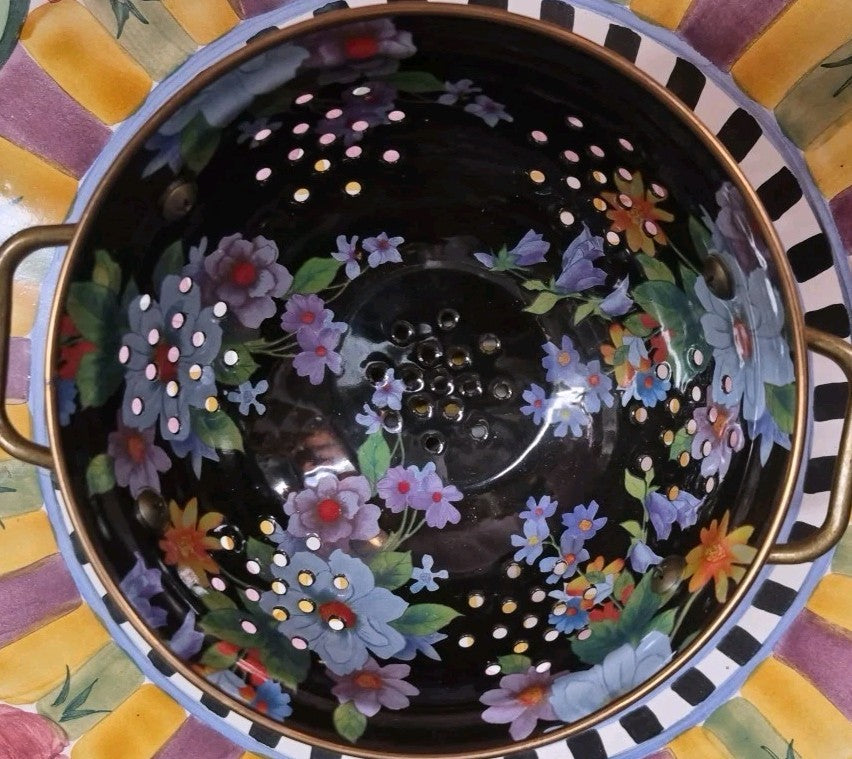 MACKENZIE Childs Black Flower Market  SMALL ENAMEL COLANDER RETIRED
