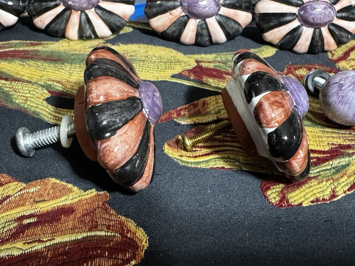 MacKenzie Childs  Ribbed Majolica Cabinet Pulls 1 Knob- Brown, Black And Purple