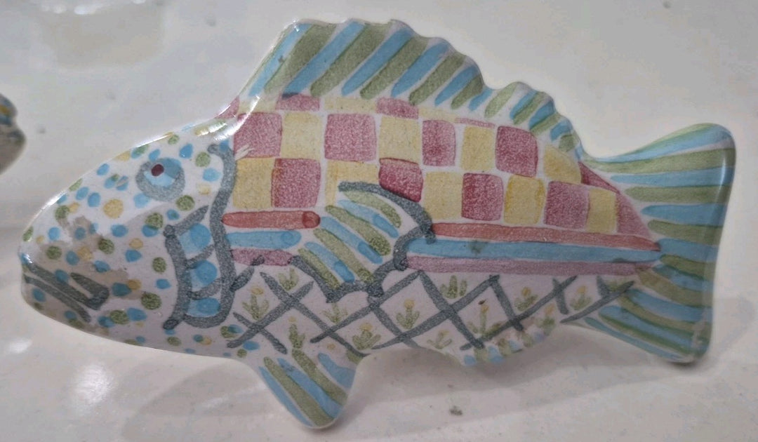 Set 2 Vintage MacKenzie-Childs Pottery Fish Cabinet Knobs / Drawer Pulls Teal