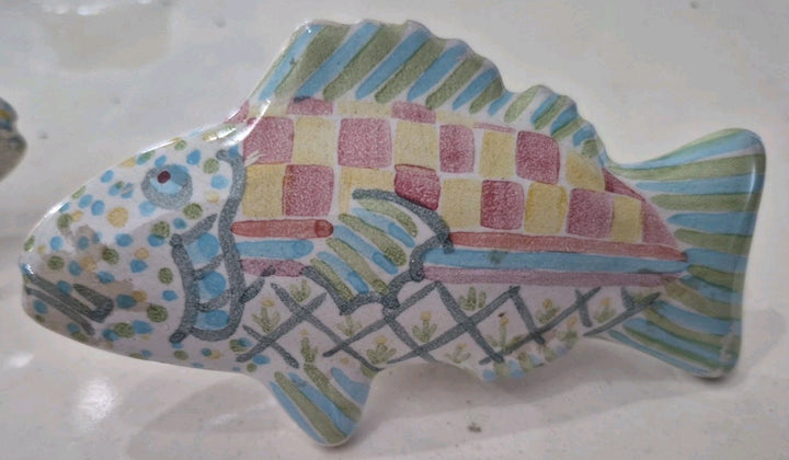 Set 2 Vintage MacKenzie-Childs Pottery Fish Cabinet Knobs / Drawer Pulls Teal