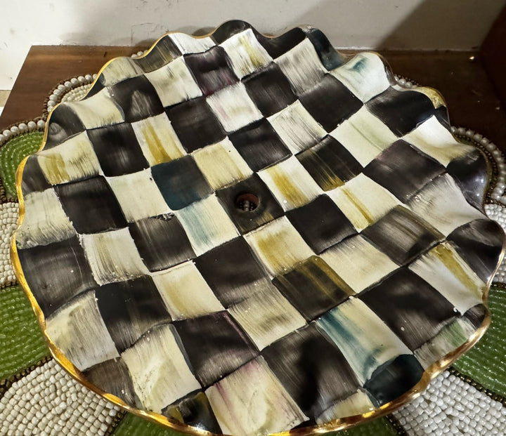 Mackenzie Childs Courtly Check Ceramic 9” Plate Fluted With Hole