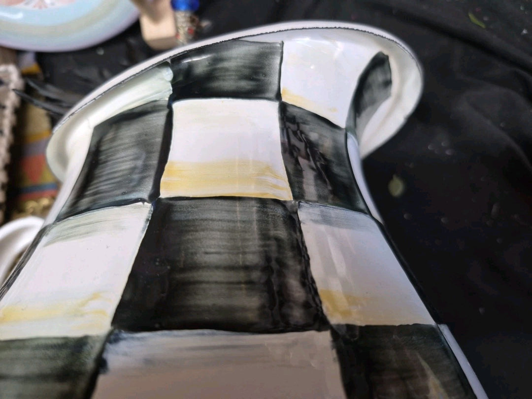 Mackenzie Childs Courtly Check Water Pitcher Enamelware Decor Black White 3 qt