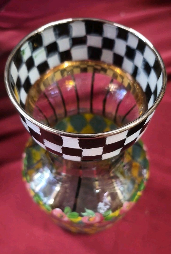 Vintage  Mackenzie Childs Courtly Check Tartan Glass  Circus Carafe W/wooden Lid
