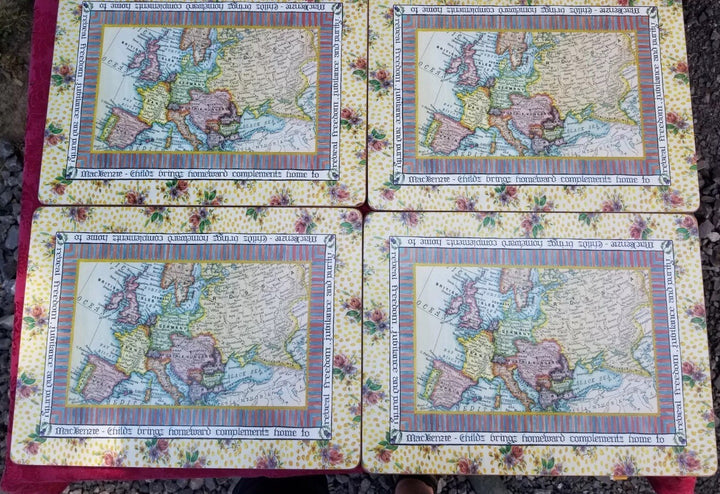MacKenzie Childs Cork Back GLOBAL MISSION MAPS Placemats Set Of 4