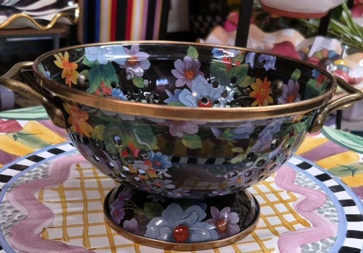 MACKENZIE Childs Black Flower Market  SMALL ENAMEL COLANDER RETIRED