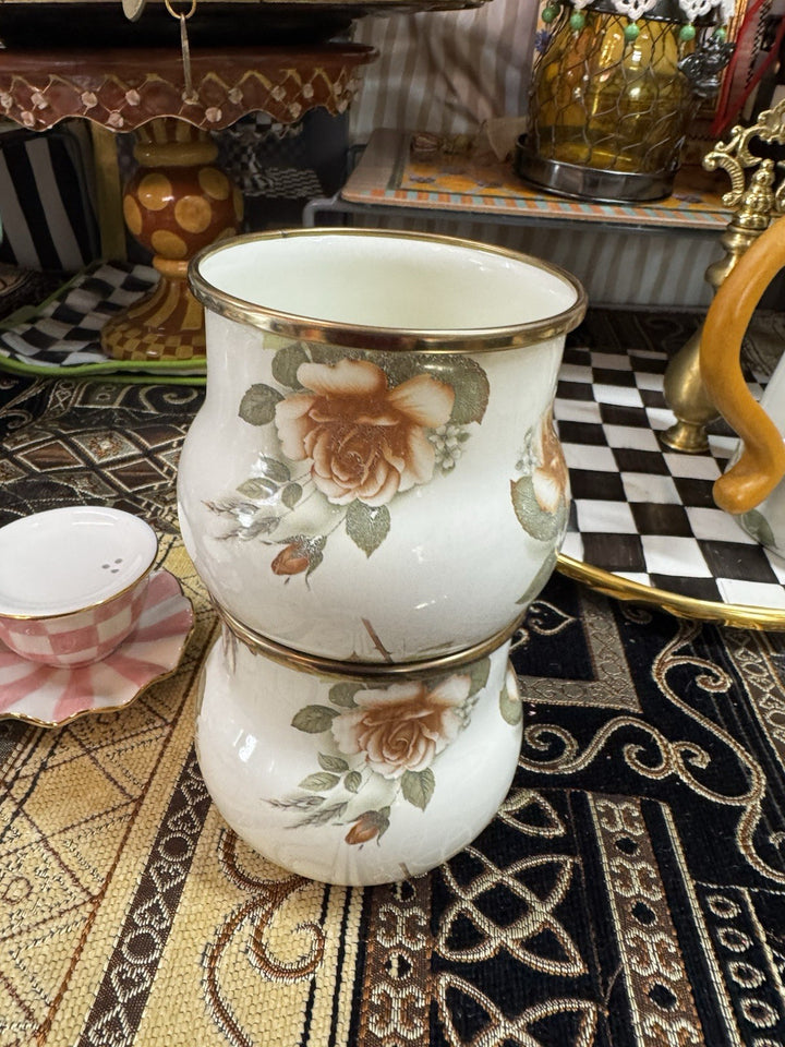 Mackenzie Childs White Floral Camp enamel Coffee cup mug Floral Set Of 2