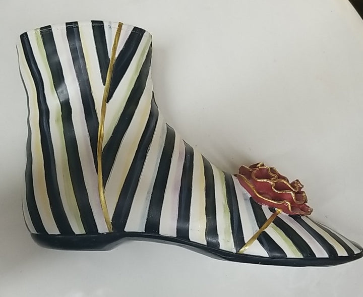 Mackenzie Childs Courtly Stripe Shoe Vase - With Red Flower - Retired