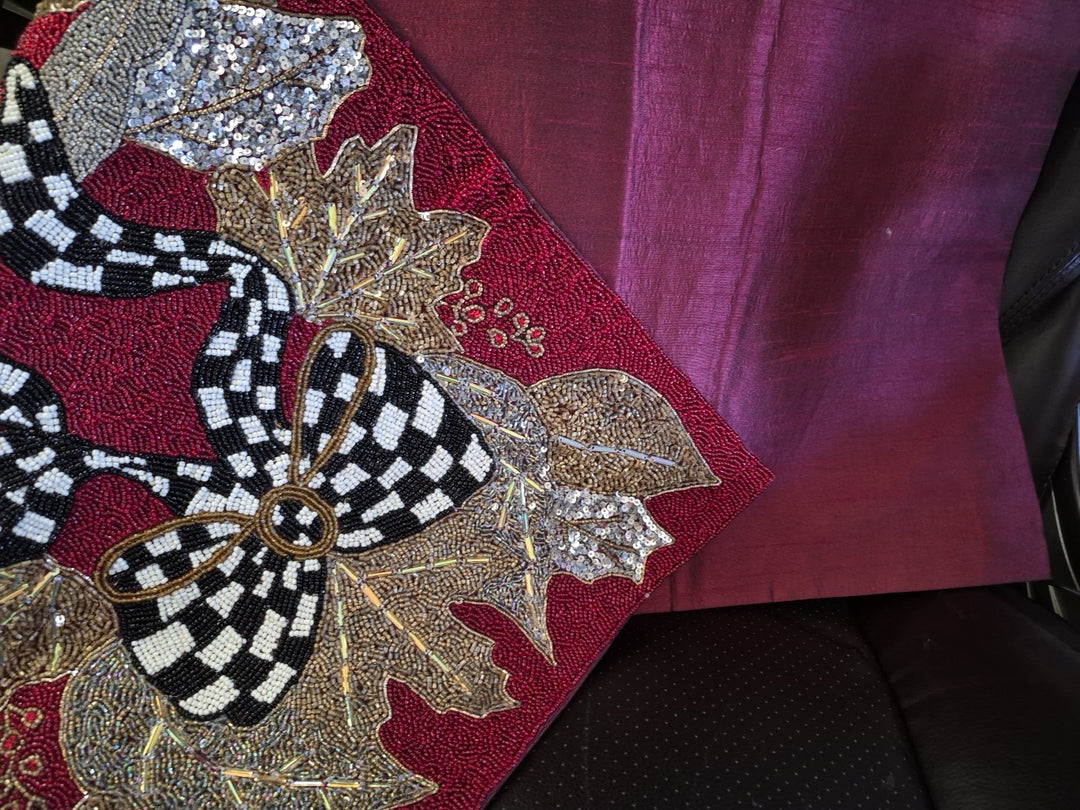 Mackenzie Childs Berry Frost Beaded Christmas Bow Table Runner 36" Centerpiece