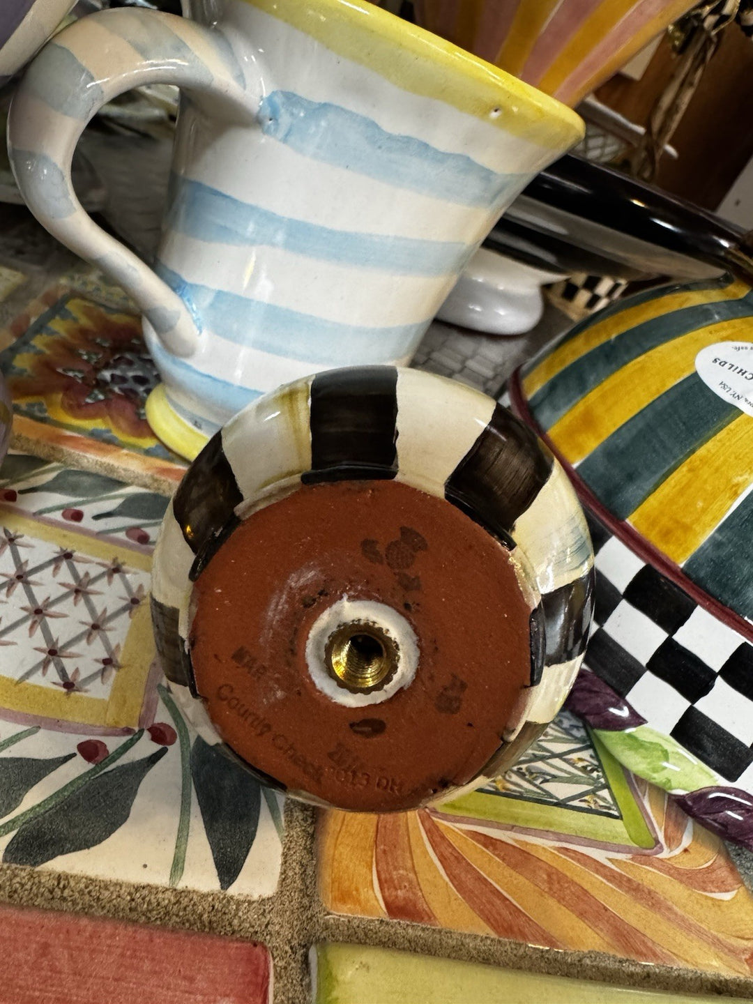 Mackenzie Childs Courtly Check Ceramic  Lamp Finial- Excellent